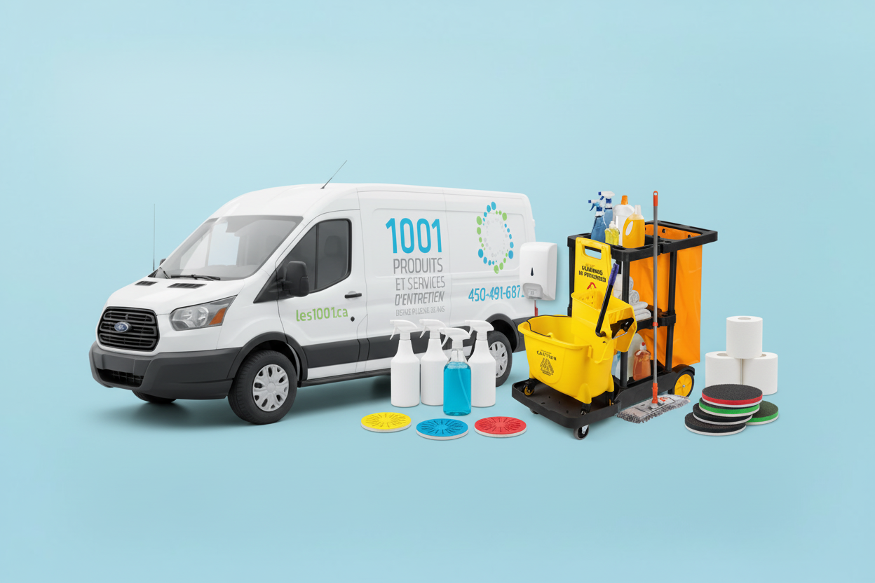 Cleaning Products with Blue Background and Side Van Marketing Image