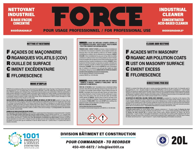 FORCE - Industrial Cleaner - Concentrated Acid-Based Cleaner - 20L