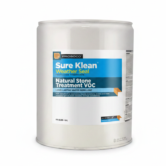 A large white plastic canister of Prosoco Sure Klean Weather Seal Natural Stone Treatment VOC, featuring a blue and white label.
