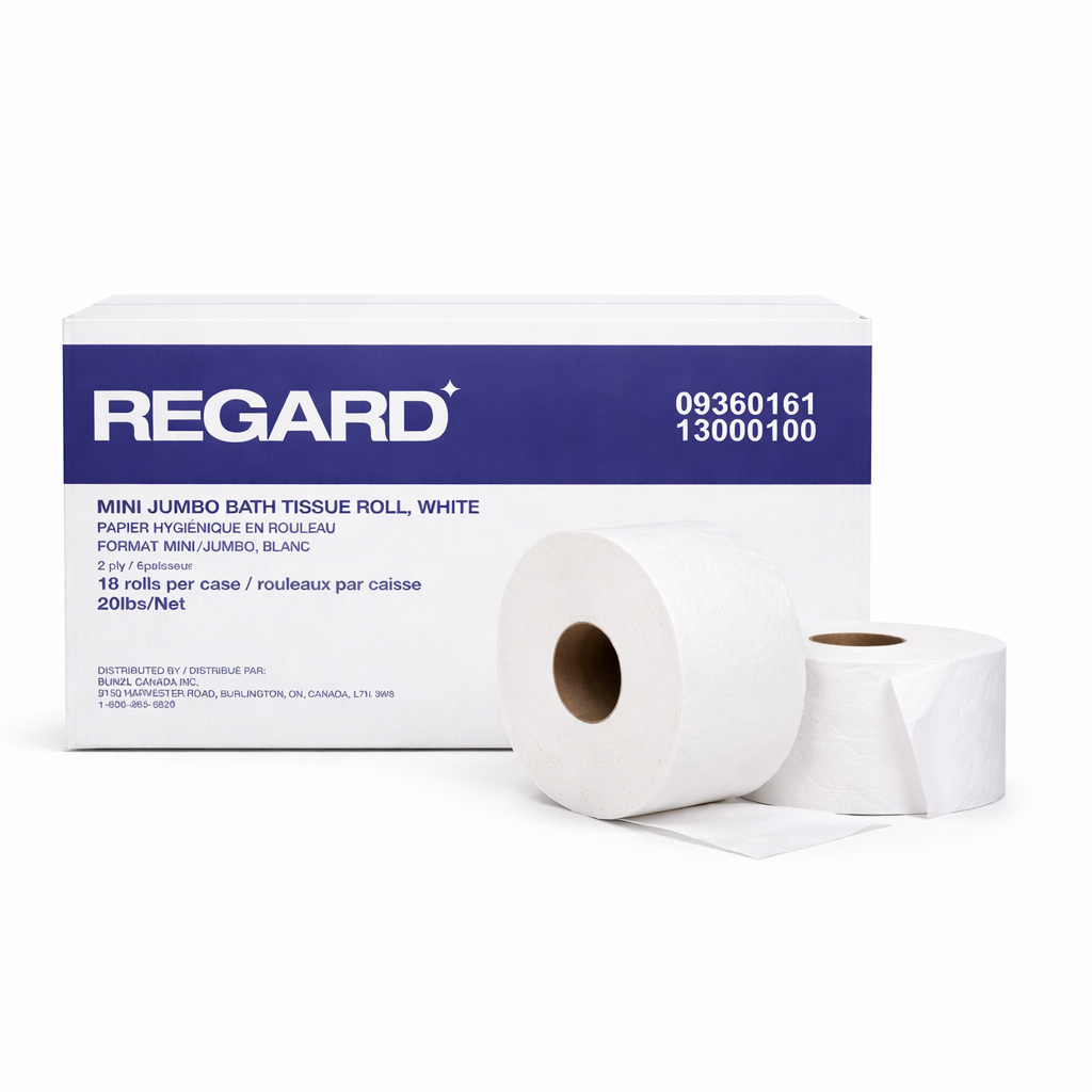 Mini Jumbo Toilet Paper (2 Ply White) - 18 Rolls per case, 750' - Regard