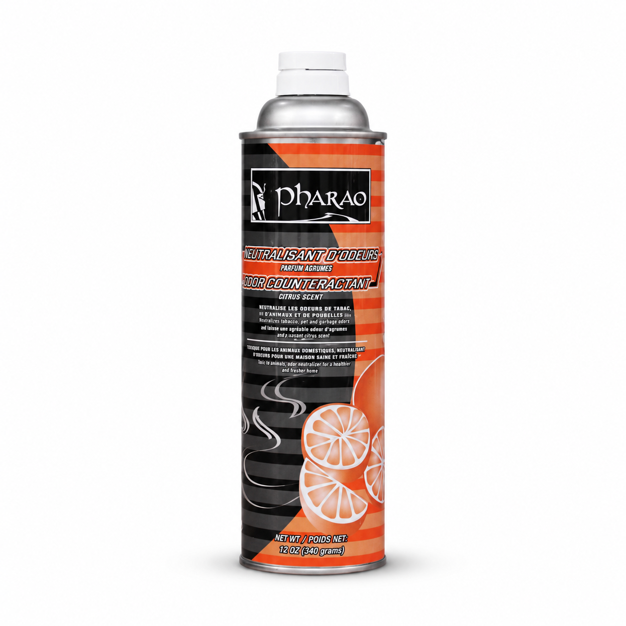 Pharao - Désodorisant neutraliseur d'odeurs à l'orange Aérosol 369g - Parfum agrumes