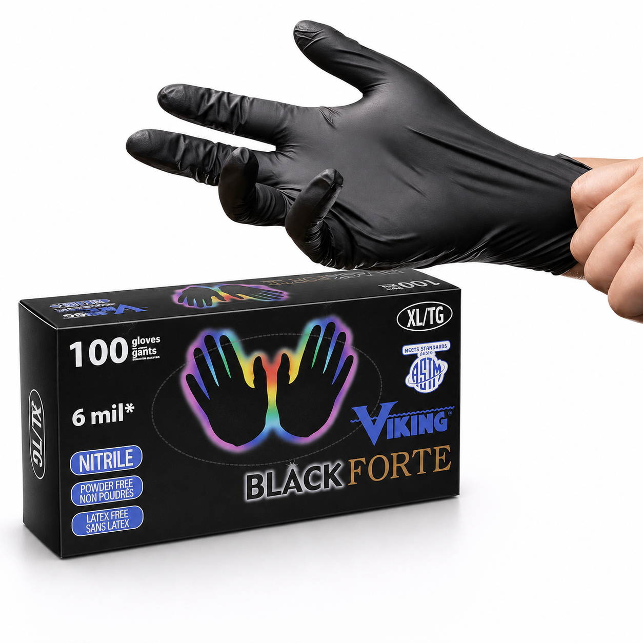 Nitrile Gloves, Powder-free, Latex-free - 100 per pack - Black Forte by Viking