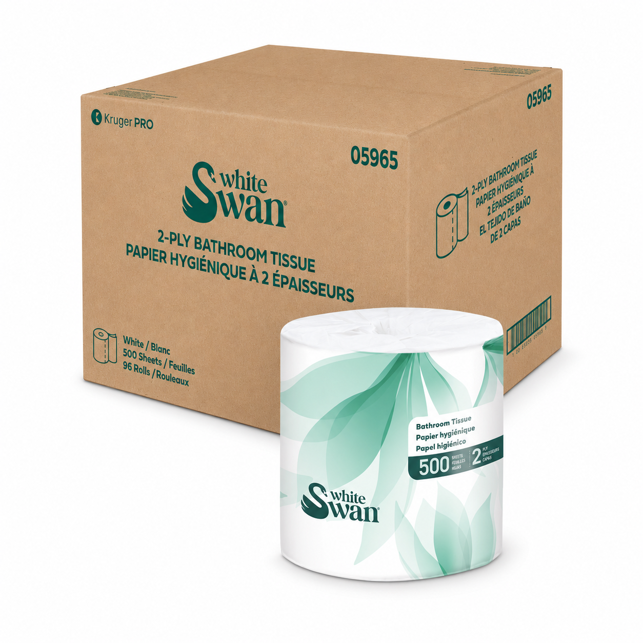 White Swan 05965 Bathroom Toilet Paper, 2-Ply, 500 Sheets per Roll, 1 Box of 96 Rolls