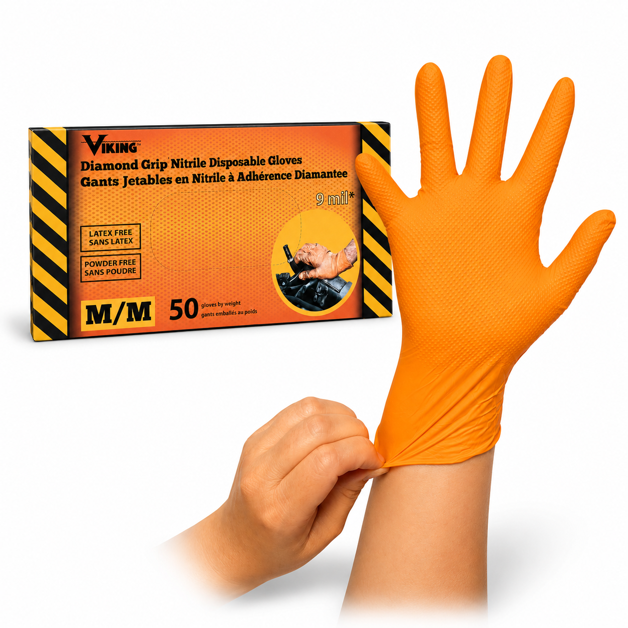 Diamond Grip Nitrile Gloves, Powder-free, Latex-free, Orange (9mil)- 50 per pack - Viking