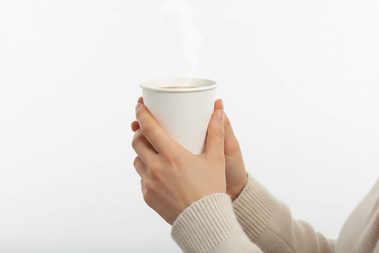Person holding white paper hot cup with coffee