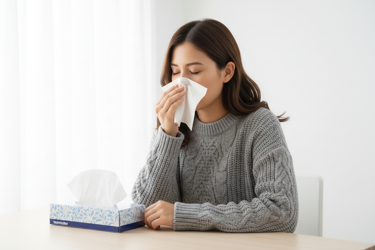 Woman in grey sweater using tissue
